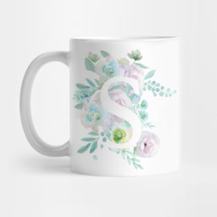 Botanical alphabet S green and purple flowers Mug